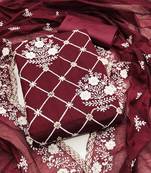 Women's maroon unstitched embrodiered and sequence work chanderi cotton dress material 