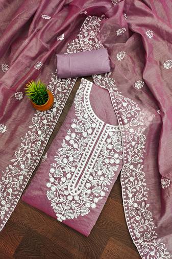 Women's levender unstitched heavy thread embroidery chanderi cotton dress material 