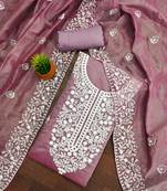 Women's levender heavy thread embroidery chanderi cotton dress material