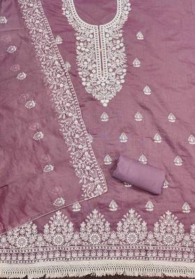 Women's levender heavy thread embroidery chanderi cotton dress material 2