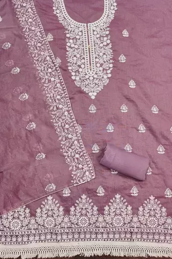 Women's levender heavy thread embroidery chanderi cotton dress material