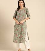 Green women's pure cambric cotton kalamkari floral print kurti