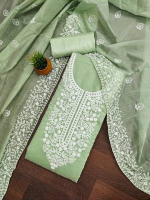Women's light green heavy thread embroidery chanderi cotton dress material 1