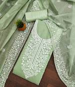 Women's light green unstitched heavy thread embroidery chanderi cotton dress material 