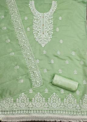 Women's light green heavy thread embroidery chanderi cotton dress material 2