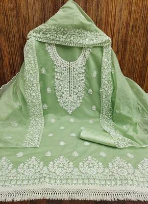 Women's light green heavy thread embroidery chanderi cotton dress material 3