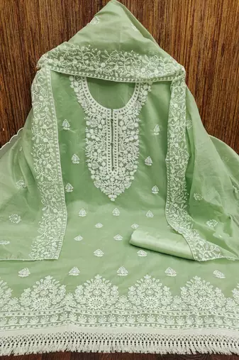 Women's light green heavy thread embroidery chanderi cotton dress material