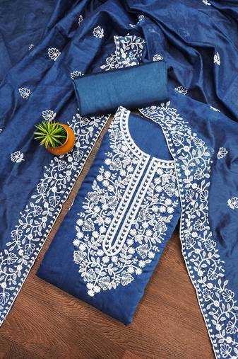 Women's teal blue unstitched heavy thread embroidery chanderi cotton dress material 