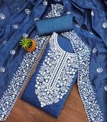 Women's teal blue heavy thread embroidery chanderi cotton dress material