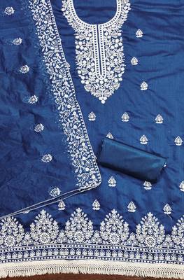 Women's teal blue heavy thread embroidery chanderi cotton dress material 2