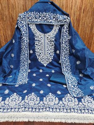 Women's teal blue heavy thread embroidery chanderi cotton dress material 3
