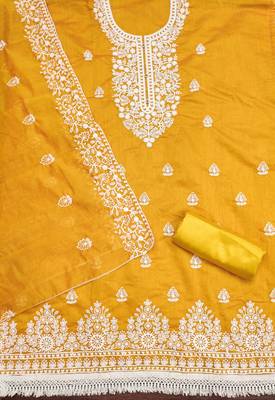Women's yellow heavy thread embroidery chanderi cotton dress material 2