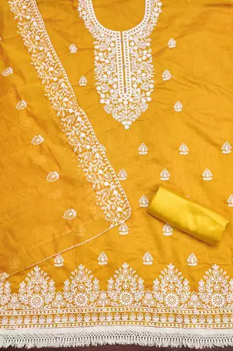 Women's yellow heavy thread embroidery chanderi cotton dress material