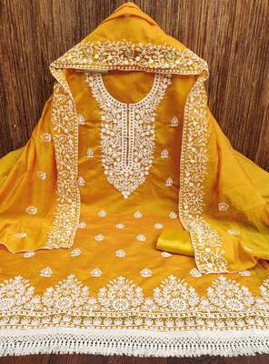 Women's yellow heavy thread embroidery chanderi cotton dress material 3