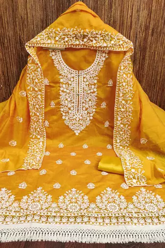 Women's yellow heavy thread embroidery chanderi cotton dress material