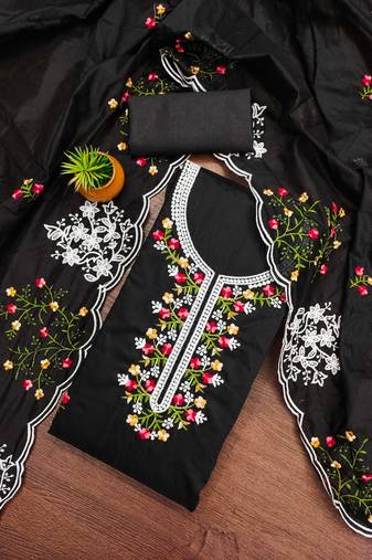 Women's baby pink unstitched thread multi embroidery chanderi cotton dress material (cp9071blk)