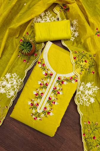 Women's lime green unstitched thread multi embroidery chanderi cotton dress material 