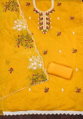 Women's mustard heavy thread multi embroidery chanderi cotton dress material 2