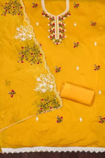 Women's mustard heavy thread multi embroidery chanderi cotton dress material