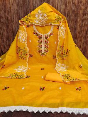 Women's mustard heavy thread multi embroidery chanderi cotton dress material 3