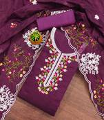 Women's purple unstitched heavy thread multi embroidery chanderi cotton dress material 