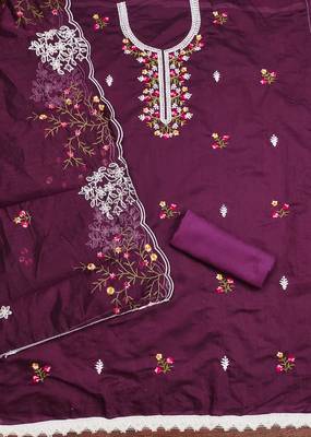 Women's purple heavy thread multi embroidery chanderi cotton dress material 2