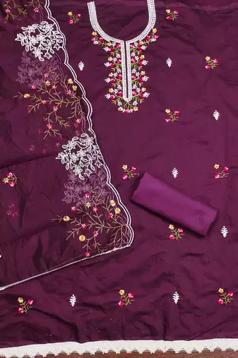 Women's purple heavy thread multi embroidery chanderi cotton dress material