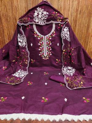 Women's purple heavy thread multi embroidery chanderi cotton dress material 3
