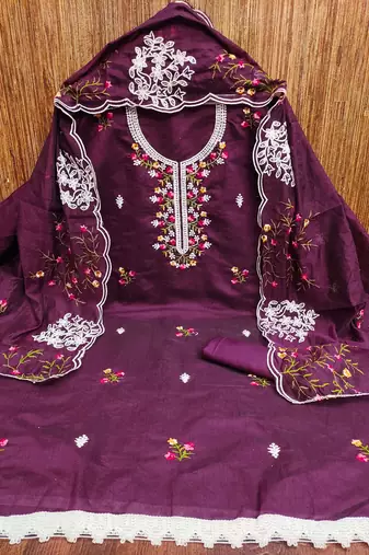 Women's purple heavy thread multi embroidery chanderi cotton dress material