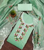 Women's sea green unstitched thread multi embroidery chanderi cotton dress material 