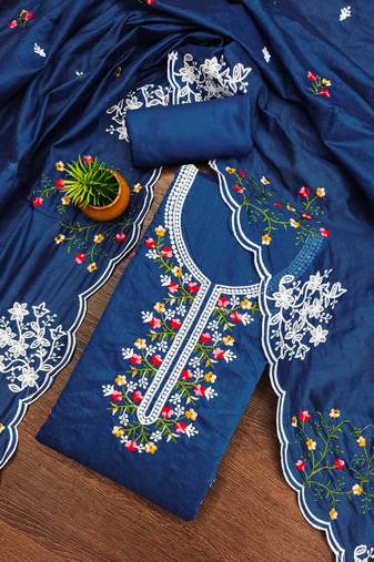 Women's teal unstitched heavy thread multi embroidery chanderi cotton dress material 