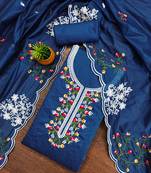 Women's teal unstitched heavy thread multi embroidery chanderi cotton dress material 