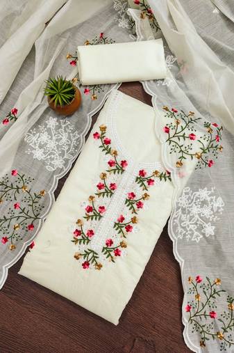 Women's white unstitched heavy thread multi embroidery chanderi cotton dress material 