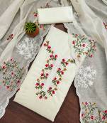 Women's white unstitched heavy thread multi embroidery chanderi cotton dress material 