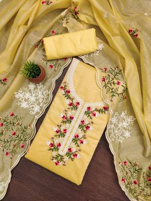 Women's yellow heavy thread multi embroidery chanderi cotton dress material 1