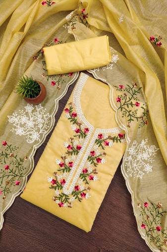 Women's yellow unstitched heavy thread multi embroidery chanderi cotton dress material 
