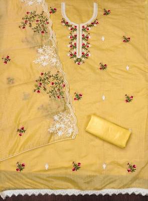 Women's yellow heavy thread multi embroidery chanderi cotton dress material 2