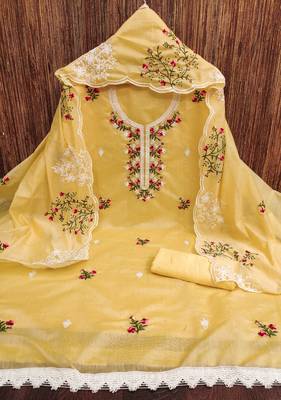 Women's yellow heavy thread multi embroidery chanderi cotton dress material 3