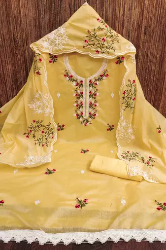 Women's yellow heavy thread multi embroidery chanderi cotton dress material