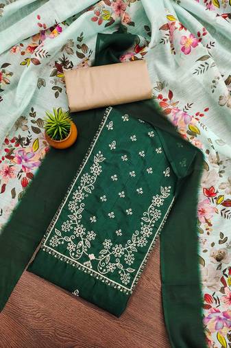 Women's green unstitched heavy thread sequence embroidery jalpari cotton dress material 