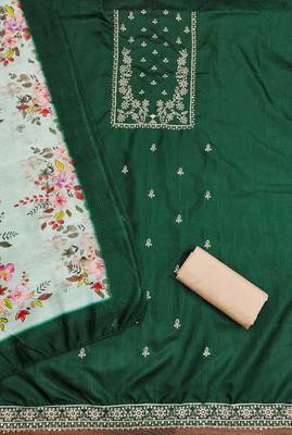 Women's green heavy thread sequence embroidery jalpari cotton dress material 2
