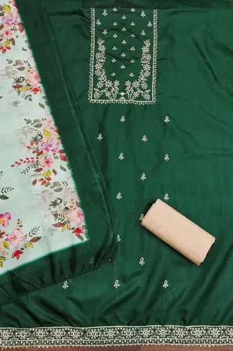 Women's green heavy thread sequence embroidery jalpari cotton dress material