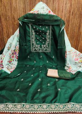 Women's green heavy thread sequence embroidery jalpari cotton dress material 3