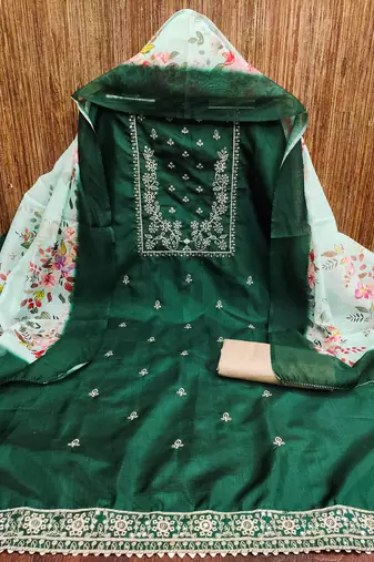 Women's green heavy thread sequence embroidery jalpari cotton dress material