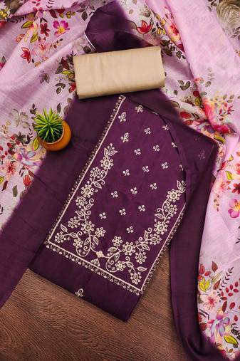 Women's purple unstitched heavy thread sequence embroidery jalpari cotton dress material 