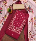 Women's red unstitched heavy thread sequence embroidery jalpari cotton dress material 