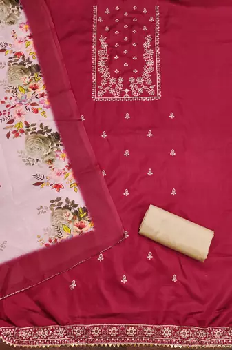 Women's red heavy thread sequence embroidery jalpari cotton dress material