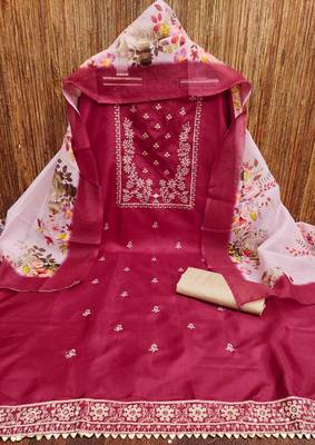 Women's red heavy thread sequence embroidery jalpari cotton dress material 3