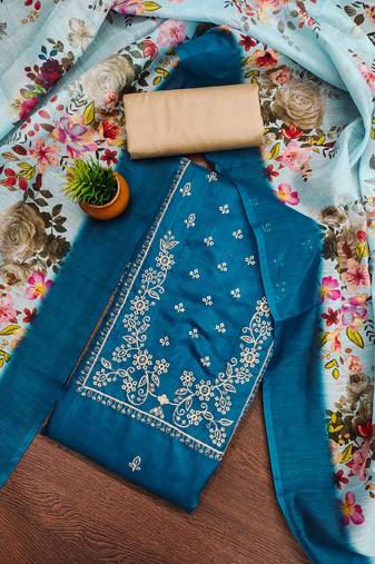 Women's teal unstitched heavy thread sequence embroidery jalpari cotton dress material 