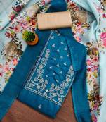 Women's teal unstitched heavy thread sequence embroidery jalpari cotton dress material 